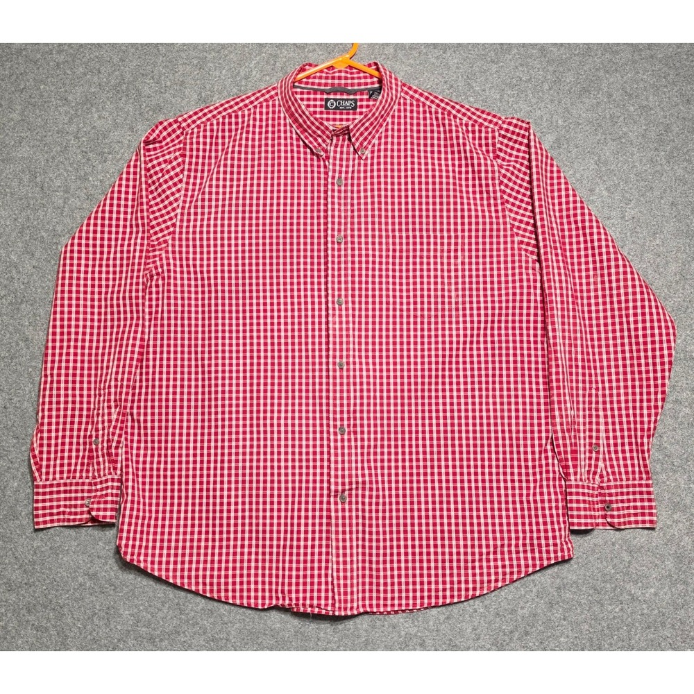 Chaps Mens XXL Red White Micro Check Plaid Long Sleeve Button Down Cotton Shirt